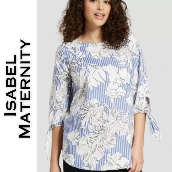 Isabel Maternity Blouse Medium Blue White Floral Striped Popover Short Sleeve - Picture 1 of 10